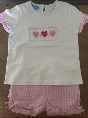 Anavini White and Pink Heart Smocked Set